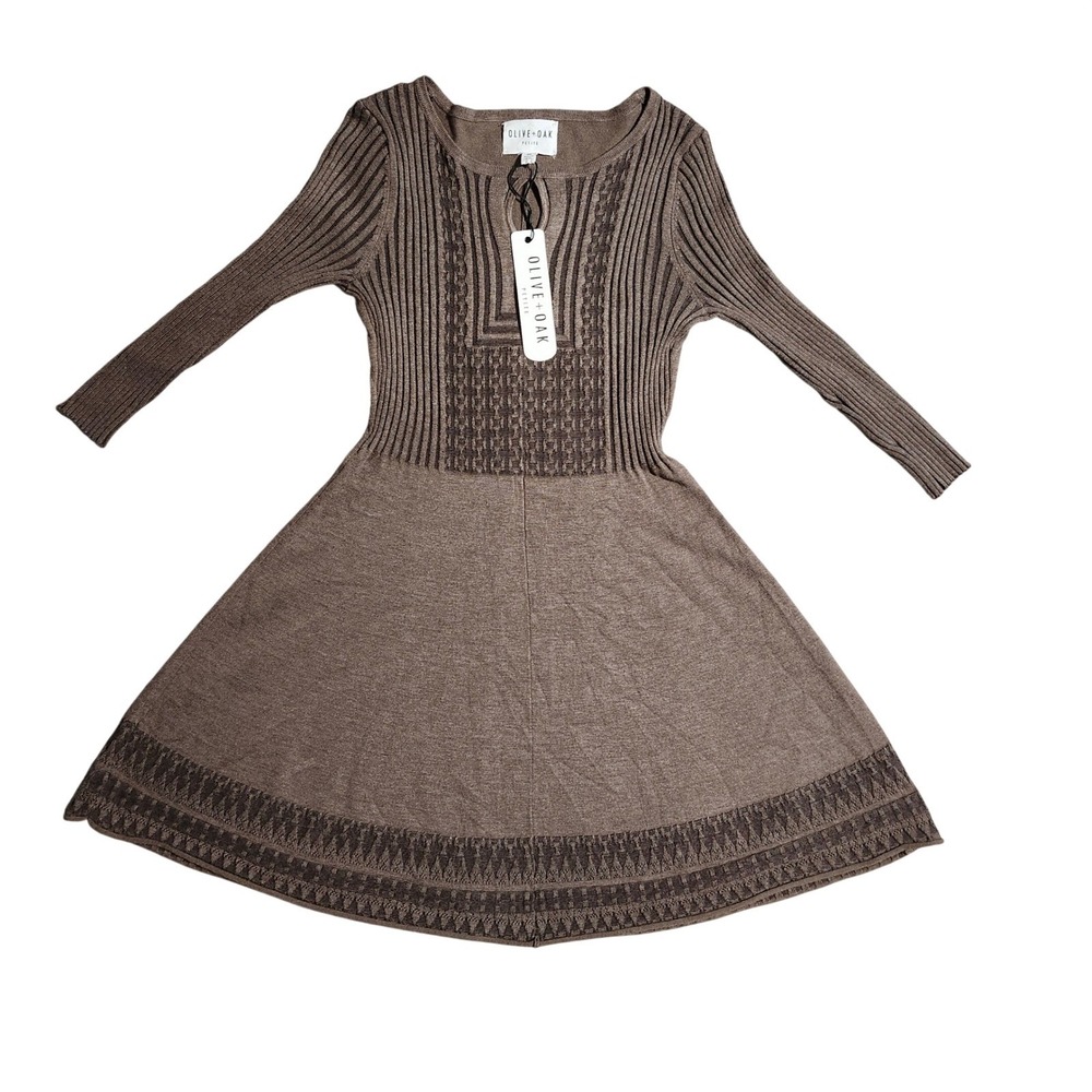 Olive + Oak Petite Mocha Brown Fit Flare Sweater Dress PM LF0S50588PR New